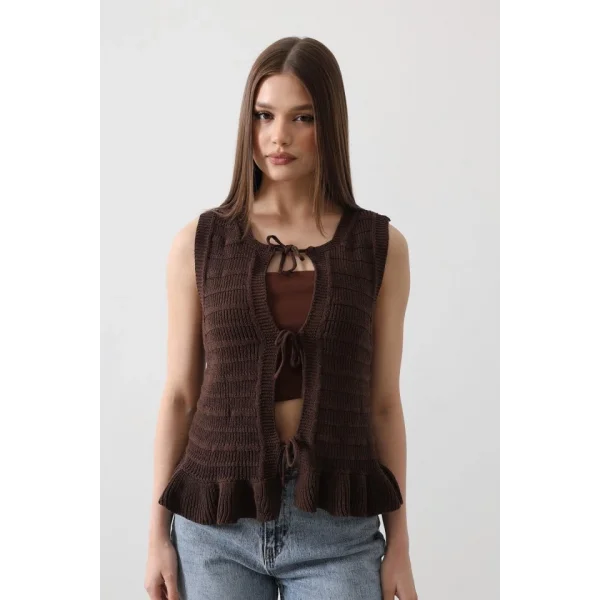 Önü Bağlamalı Yelek  Kahve