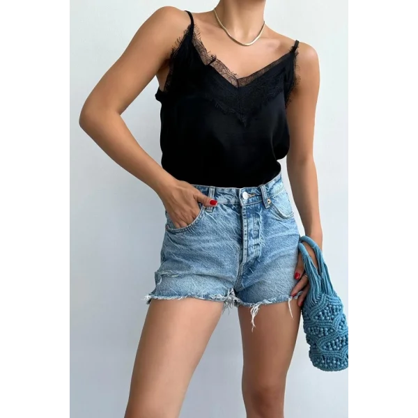 Önü Dantelli Askılı Atlet - Siyah