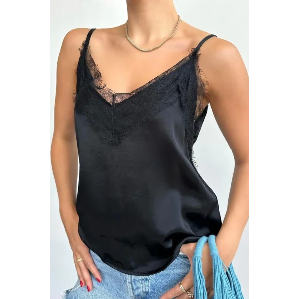 Önü Dantelli Askılı Atlet - Siyah