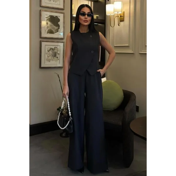 Önü Düğmeli Yelek Klasik Plazzo Pantolonlu Takım 10090