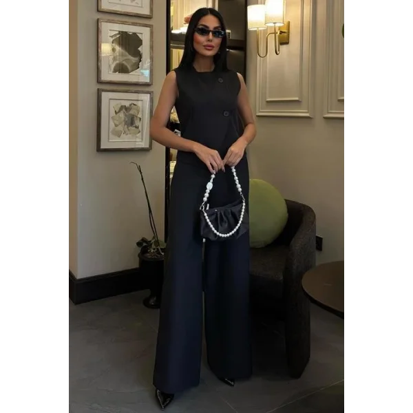 Önü Düğmeli Yelek Klasik Plazzo Pantolonlu Takım 10090