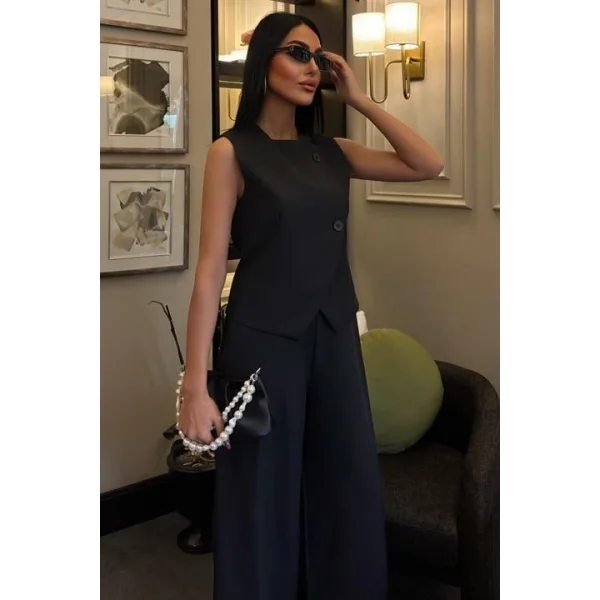 Önü Düğmeli Yelek Klasik Plazzo Pantolonlu Takım 10090