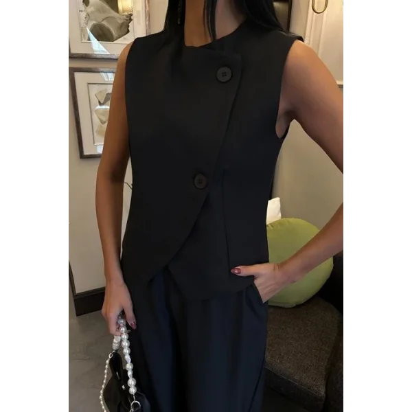 Önü Düğmeli Yelek Klasik Plazzo Pantolonlu Takım 10090