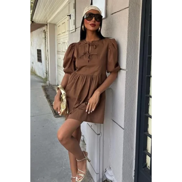 Önü Fiyonk Bağlamalı Ve Balon Kollu Elbise 2893