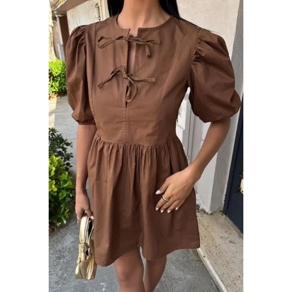 Önü Fiyonk Bağlamalı Ve Balon Kollu Elbise 2893