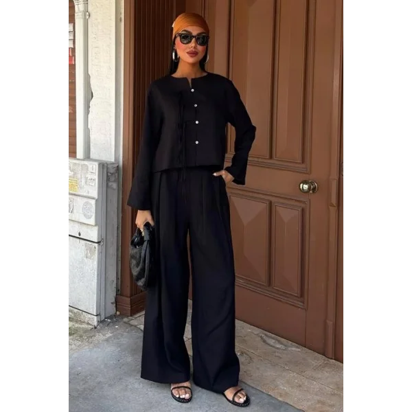 Önü İnce Kordon Detaylı Ve Double Paça Pantolonlu Takım 10180