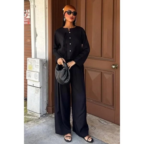 Önü İnce Kordon Detaylı Ve Double Paça Pantolonlu Takım 10180