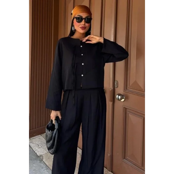 Önü İnce Kordon Detaylı Ve Double Paça Pantolonlu Takım 10180