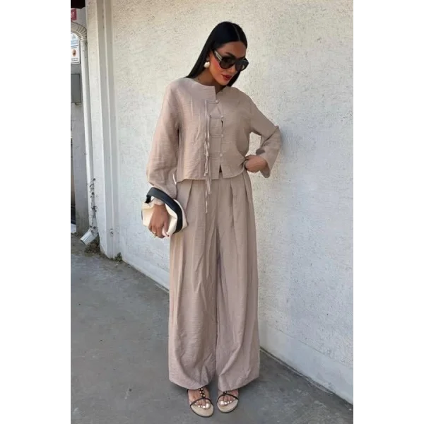 Önü İnce Kordon Detaylı Ve Double Paça Pantolonlu Takım 10180