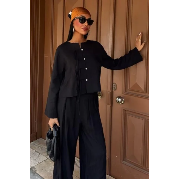 Önü İnce Kordon Detaylı Ve Double Paça Pantolonlu Takım 10180