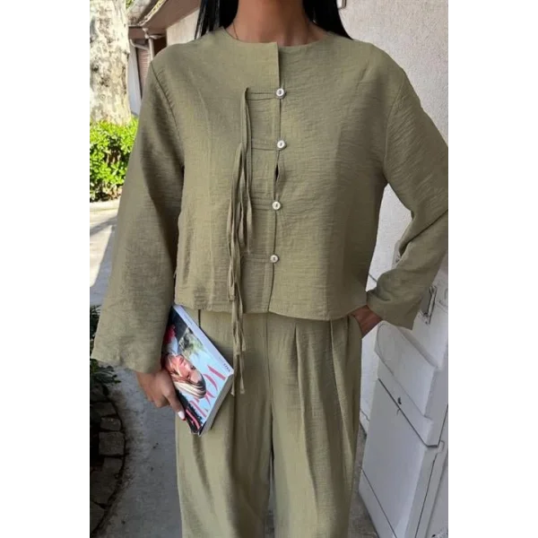 Önü İnce Kordon Detaylı Ve Double Paça Pantolonlu Takım 10180