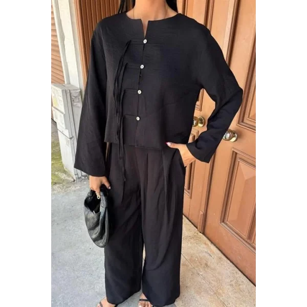 Önü İnce Kordon Detaylı Ve Double Paça Pantolonlu Takım 10180