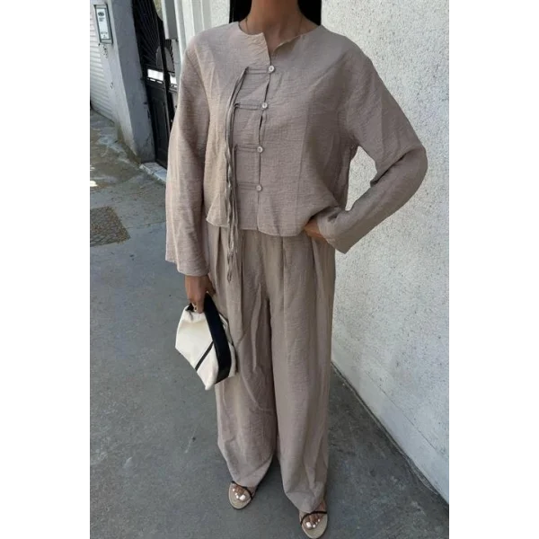 Önü İnce Kordon Detaylı Ve Double Paça Pantolonlu Takım 10180