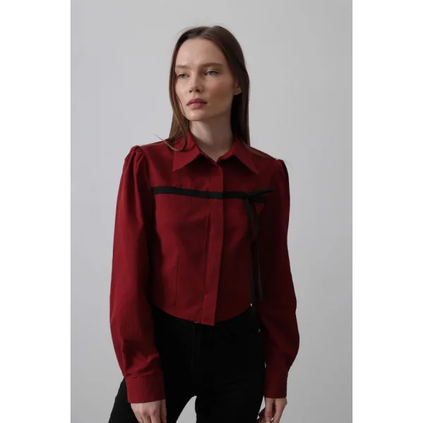 Önü Kontrast Fiyonklu Gömlek - Bordo