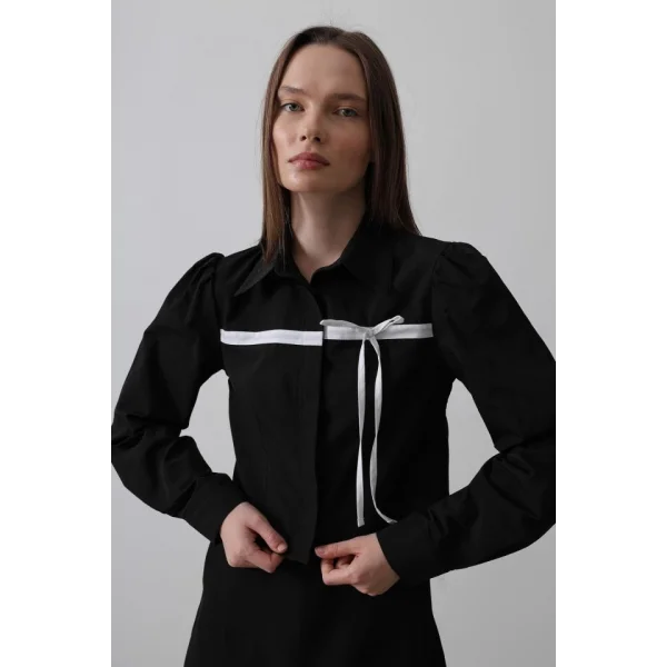 Önü Kontrast Fiyonklu Gömlek - Siyah