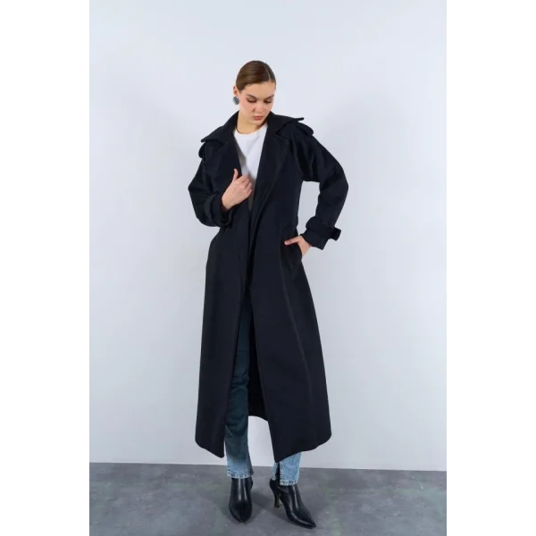 Önü Robalı Kaşe Kaban  Siyah