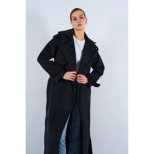 Önü Robalı Kaşe Kaban  Siyah