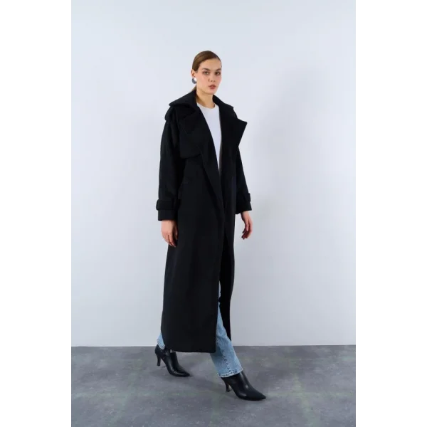 Önü Robalı Kaşe Kaban  Siyah