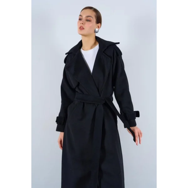 Önü Robalı Kaşe Kaban  Siyah