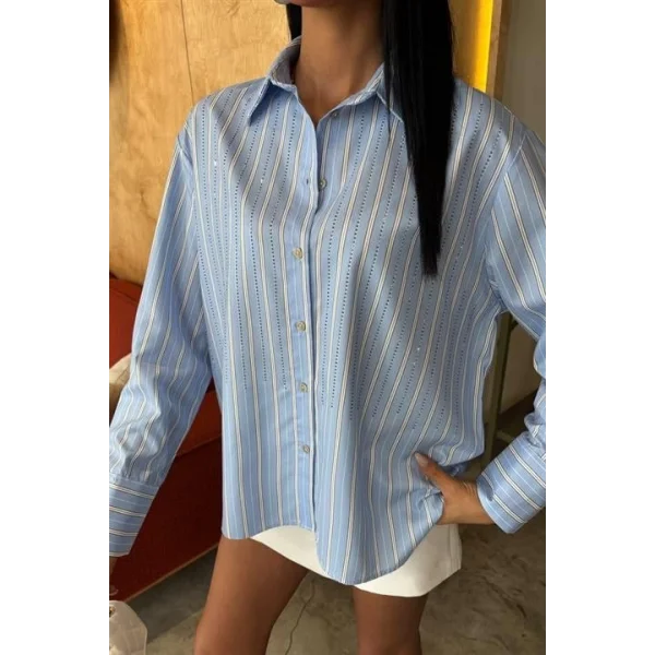 Önü Taşlı Çizgili Salaş Gömlek 3468-08