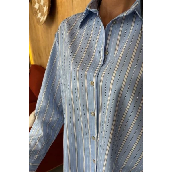 Önü Taşlı Çizgili Salaş Gömlek 3468-08