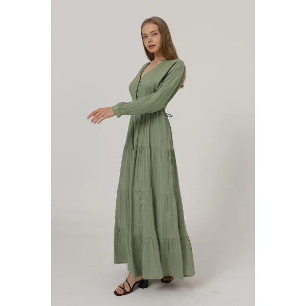 Önü Yarım Düğmeli Uzun Kol Kemerli Elbise - Haki