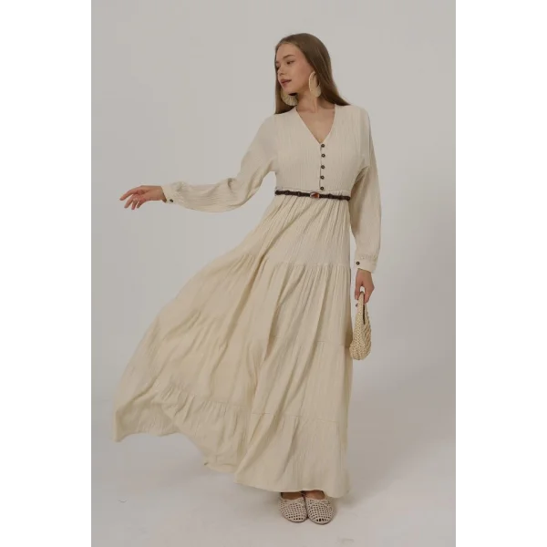 Önü Yarım Düğmeli Uzun Kol Kemerli Elbise - Taş