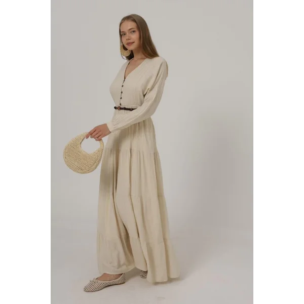 Önü Yarım Düğmeli Uzun Kol Kemerli Elbise - Taş