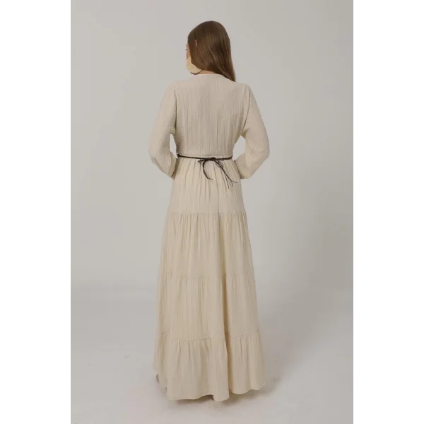 Önü Yarım Düğmeli Uzun Kol Kemerli Elbise - Taş