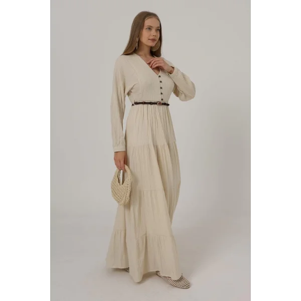 Önü Yarım Düğmeli Uzun Kol Kemerli Elbise - Taş