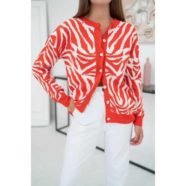 Oranj Desenli Ve Düğmeli Kısa Hırka