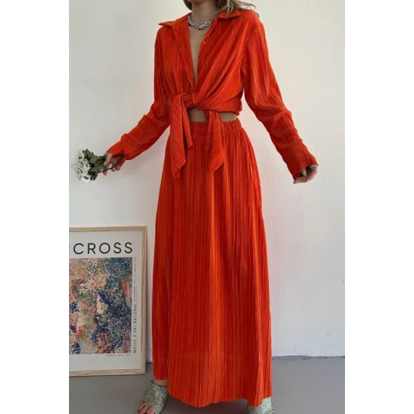 Oranj Fitilli Gömlek Ve Uzun Etek Takım