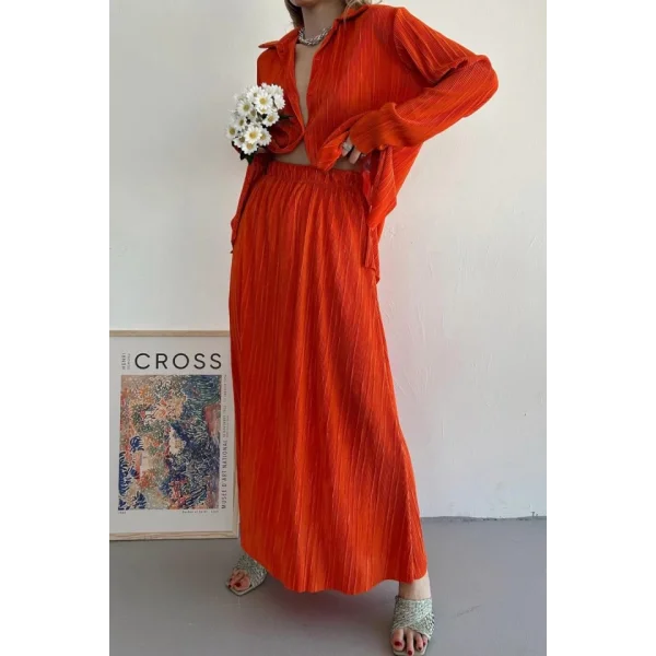 Oranj Fitilli Gömlek Ve Uzun Etek Takım