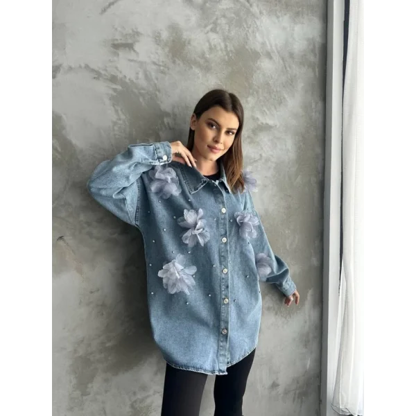 Organze Çiçek Tasarımlı Kot Gömlek