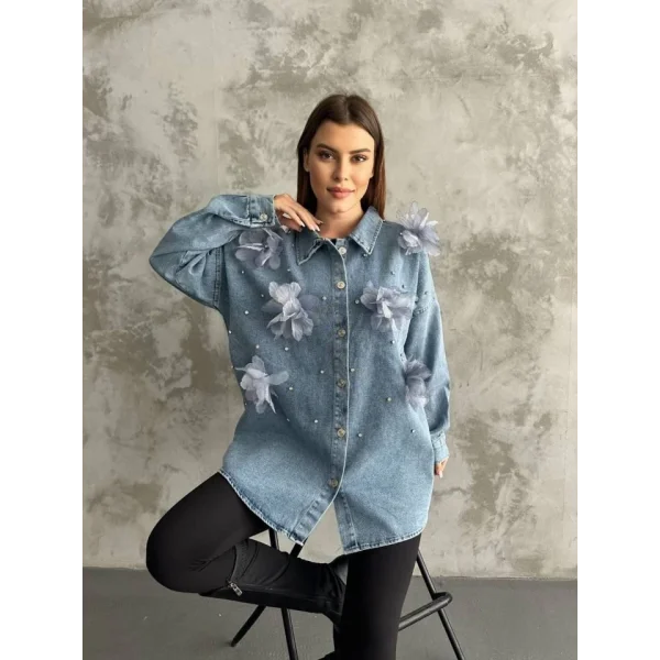 Organze Çiçek Tasarımlı Kot Gömlek