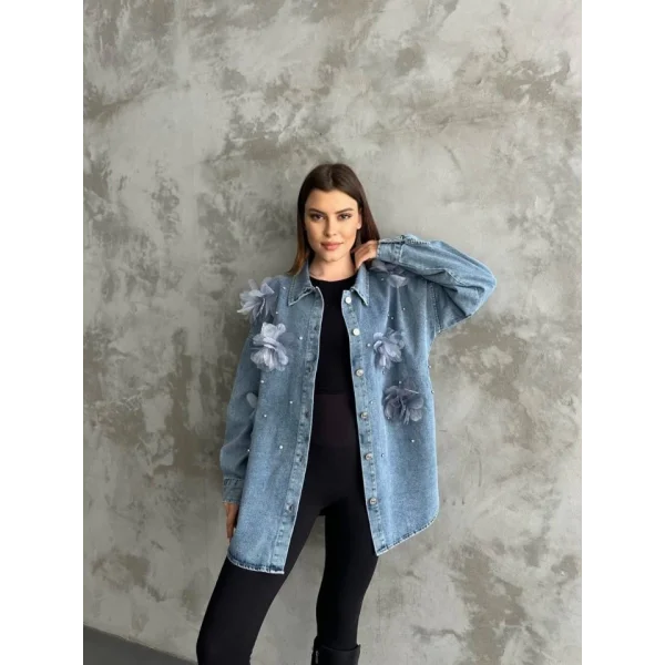 Organze Çiçek Tasarımlı Kot Gömlek