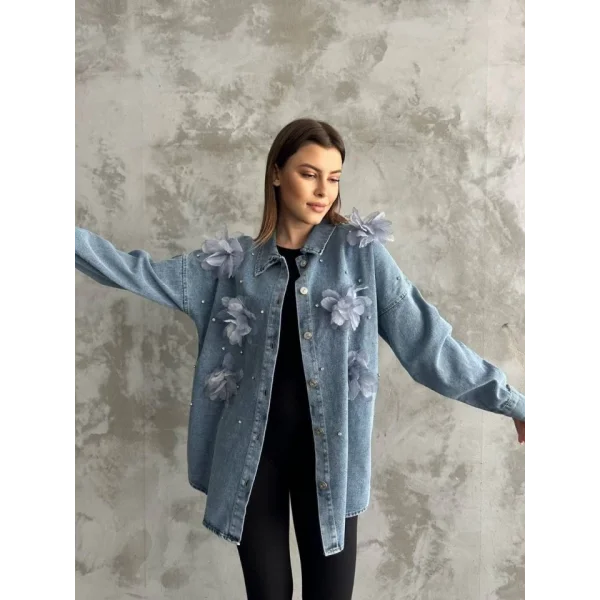 Organze Çiçek Tasarımlı Kot Gömlek