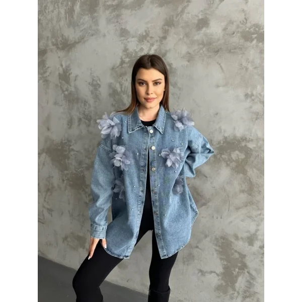 Organze Çiçek Tasarımlı Kot Gömlek