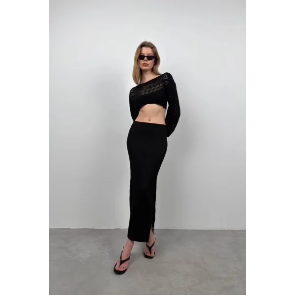 Örgü Detay Crop Triko Bluz