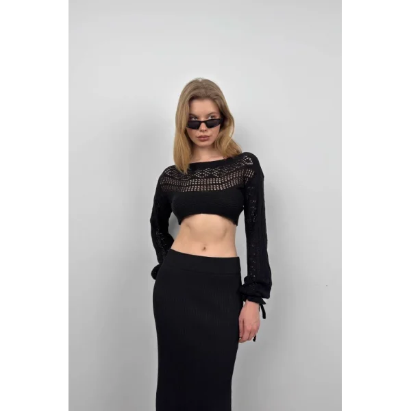 Örgü Detay Crop Triko Bluz