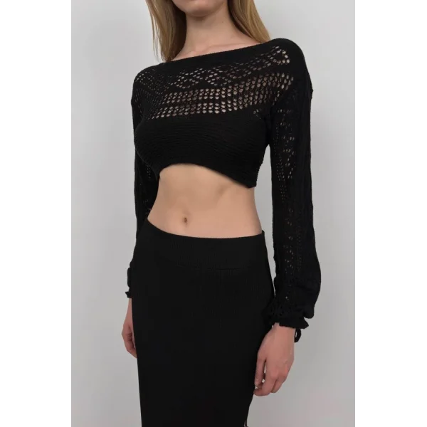 Örgü Detay Crop Triko Bluz