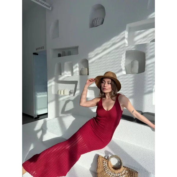 Örgülü Uzun Triko Elbise - Bordo