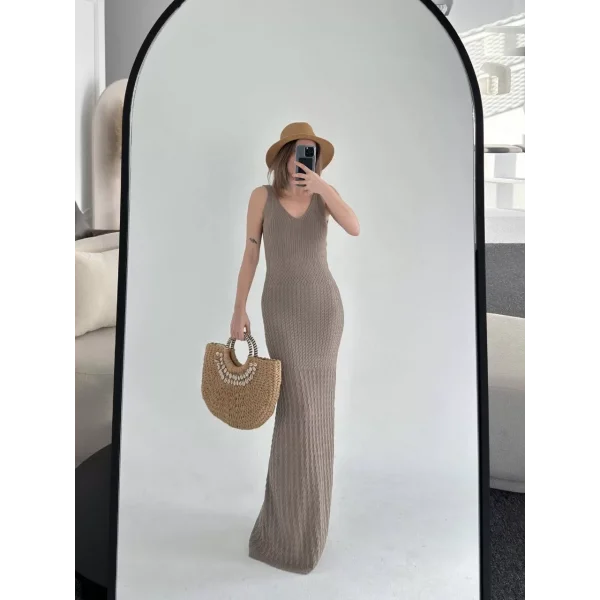 Örgülü Uzun Triko Elbise - Kahve