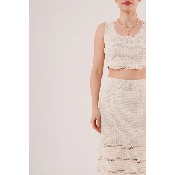 Örme Detaylı Etek Ve Bluz Krem Takım