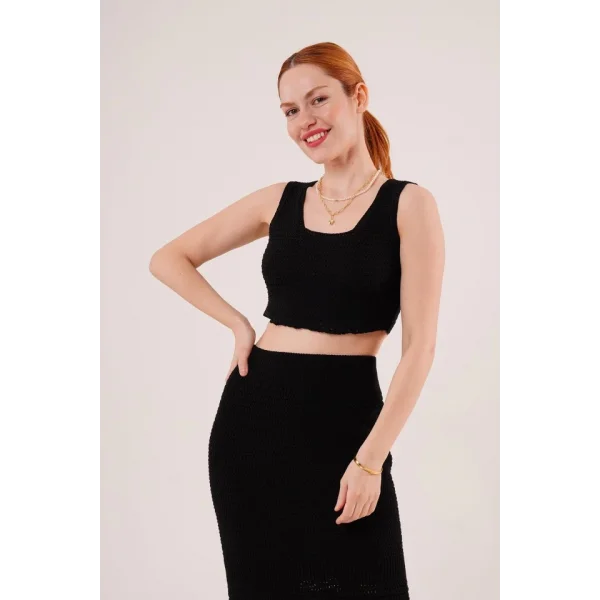 Örme Detaylı Etek Ve Bluz Siyah Takım
