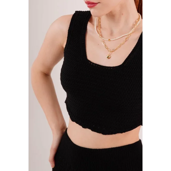 Örme Detaylı Etek Ve Bluz Siyah Takım