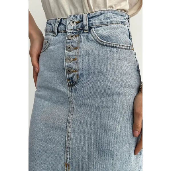 Ortası Yırtmaçlı Kot Etek  Mavi