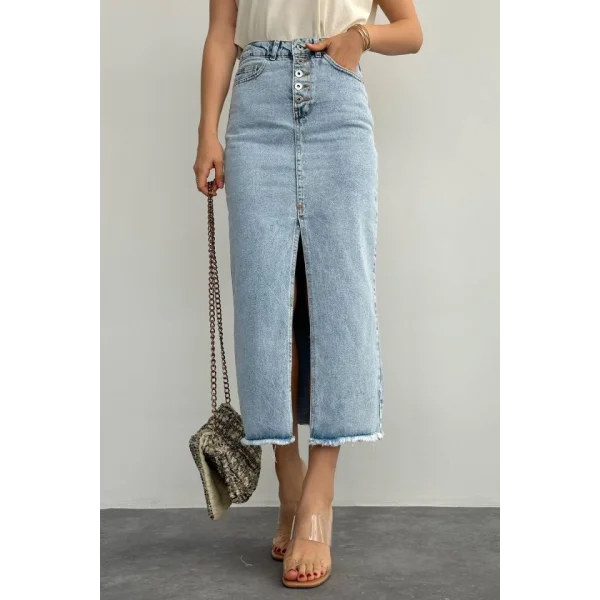 Ortası Yırtmaçlı Kot Etek  Mavi