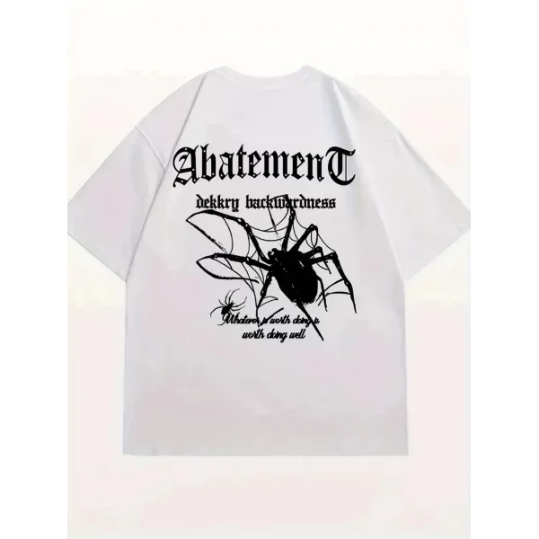 Örümcek Ağı Desenli Baskılı Oversize Bisiklet Yaka T-shirt  - Beyaz