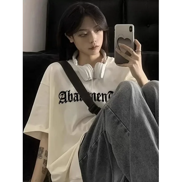 Örümcek Ağı Desenli Baskılı Oversize Bisiklet Yaka T-shirt  - Beyaz